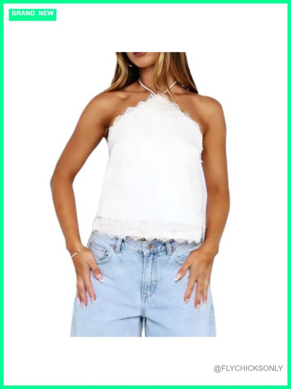 Women Y2K Halter Crop Top Sleeveless Lace Trim Open Back Coquette Slim Fit Cami